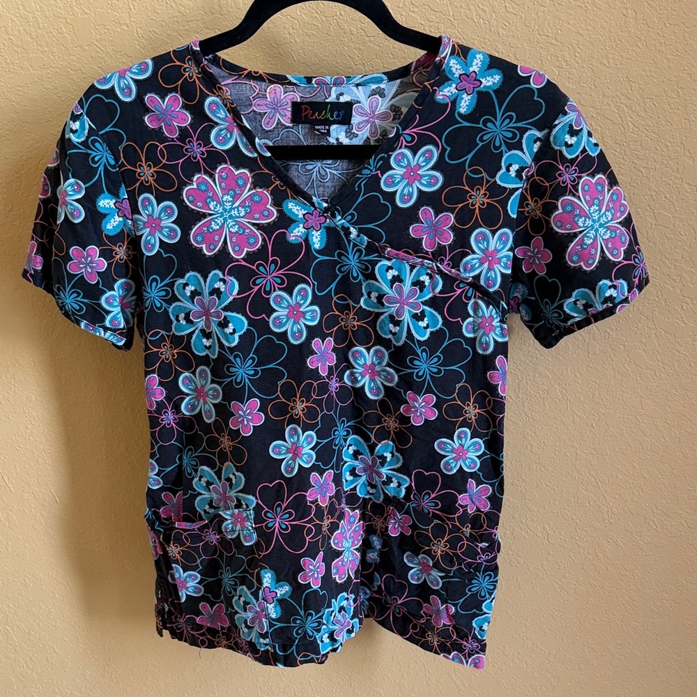 Floral V-Neck Scrub Top - Black with Blue & Pink Flowers